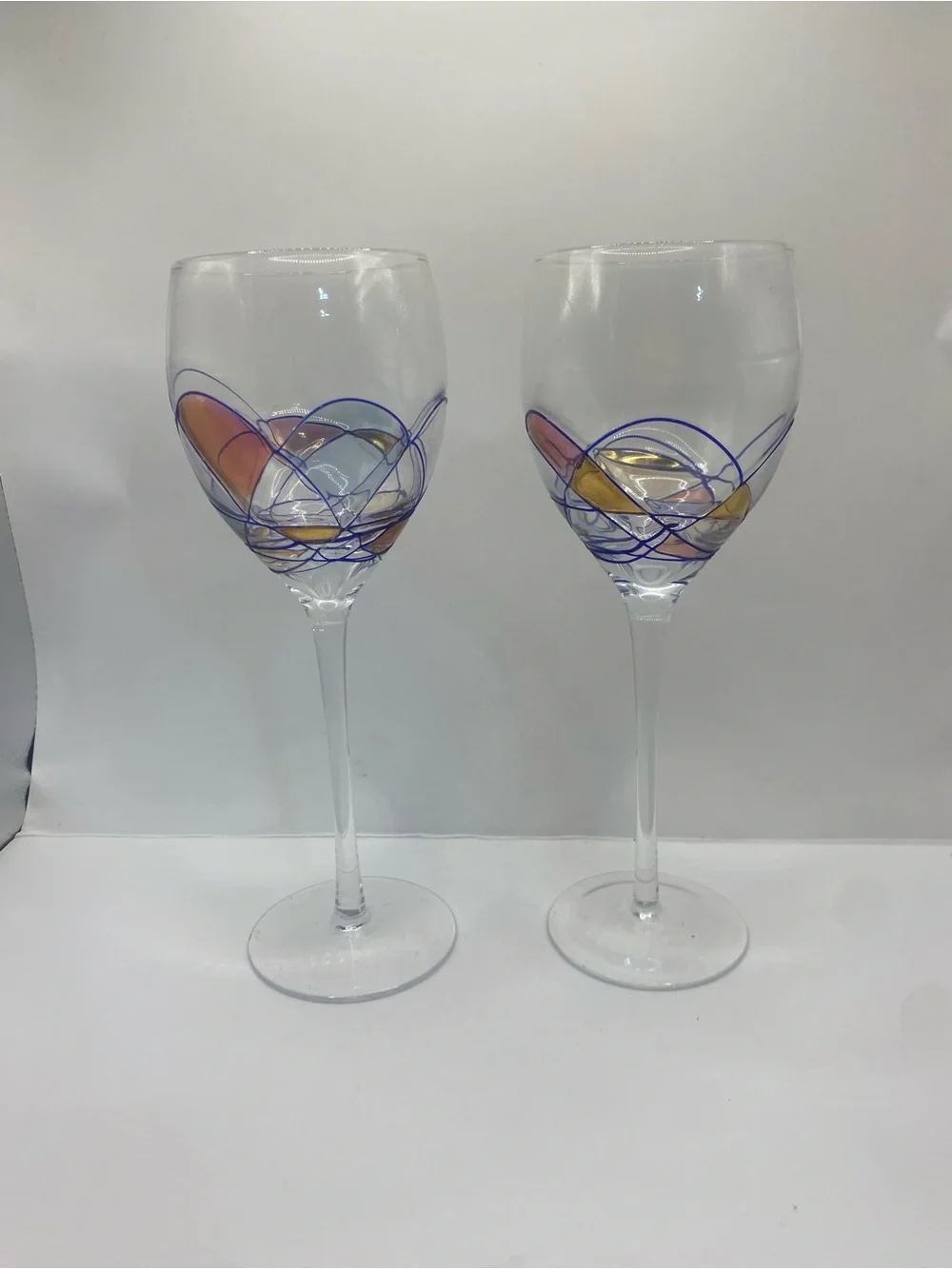 Set of 2 Vintage Mosaic Abstract Stained Glass Design Hand-Blown Wine Glasses